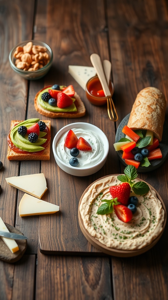 A delightful assortment of snacks for two including nuts, avocado toast, Greek yogurt dip, hummus, and cheese on a wooden table.